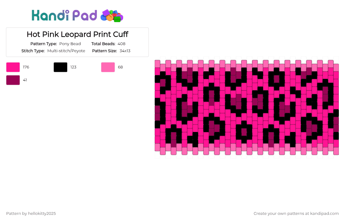 Hot Pink Leopard Print Cuff - Pony Bead Pattern by hellokitty2025 on Kandi Pad - black, pink