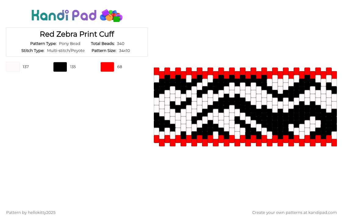 Red Zebra Print cuff - Pony Bead Pattern by hellokitty2025 on Kandi Pad - white,red