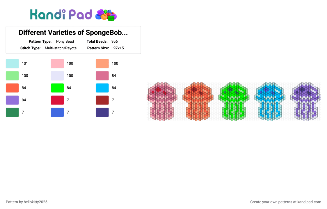 Different Varieties of SpongeBob Jellyfish - Pony Bead Pattern by hellokitty2025 on Kandi Pad - pink,orange,light blue,colorful