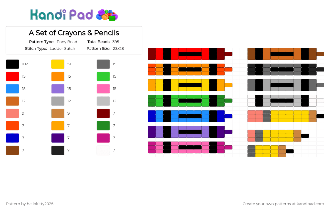 A Set of Crayons & Pencils - Pony Bead Pattern by hellokitty2025 on Kandi Pad - orange,yellow,purple,beige,colorful
