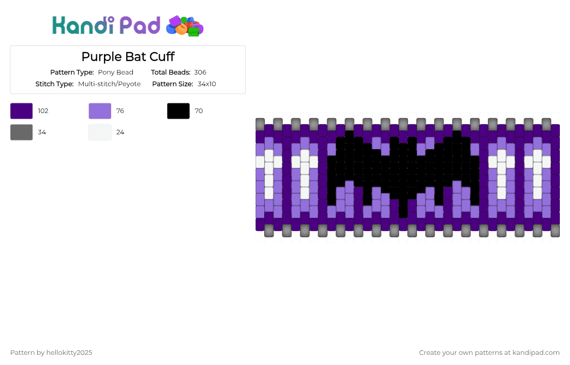 Purple Bat Cuff - Pony Bead Pattern by hellokitty2025 on Kandi Pad - purple