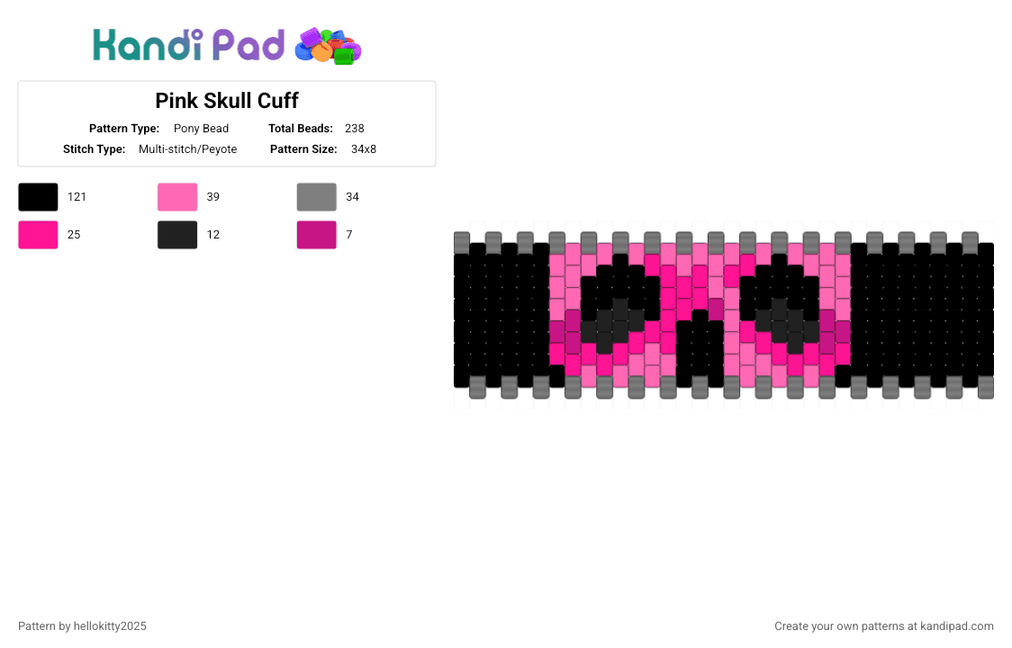 Pink Skull Cuff - Pony Bead Pattern by hellokitty2025 on Kandi Pad - pink,gray