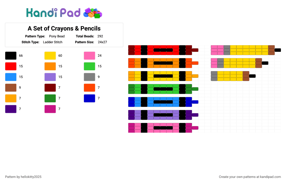 A Set of Crayons & Pencils - Pony Bead Pattern by hellokitty2025 on Kandi Pad - orange,green,purple,colorful
