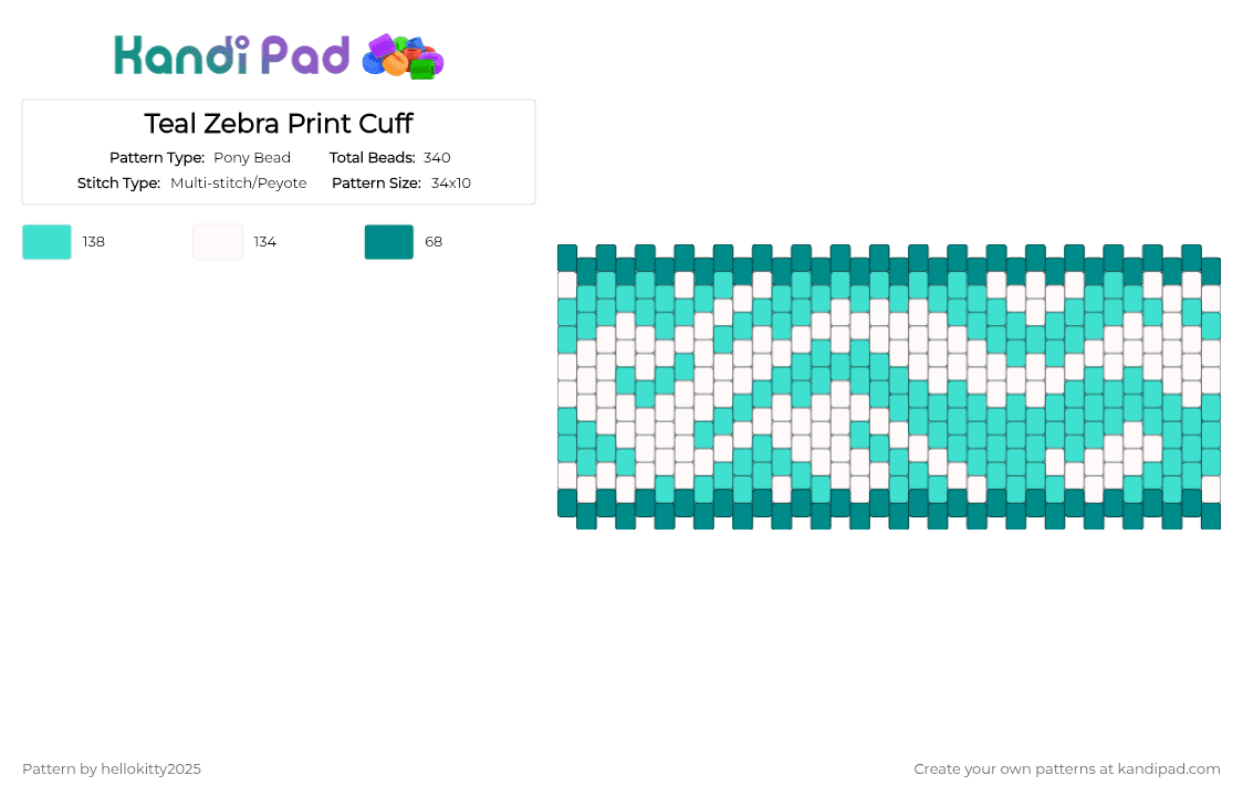 Teal Zebra Print Cuff - Pony Bead Pattern by hellokitty2025 on Kandi Pad - light blue, teal