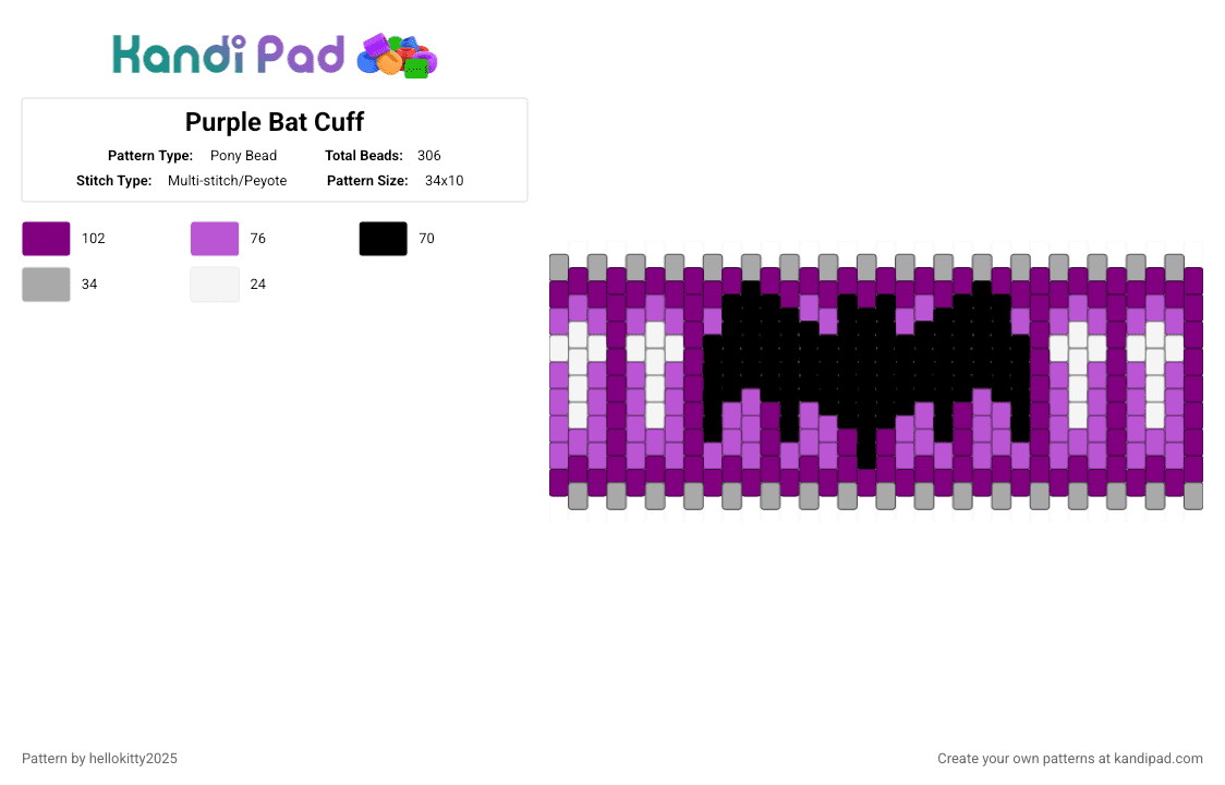 Purple Bat Cuff - Pony Bead Pattern by hellokitty2025 on Kandi Pad - pink