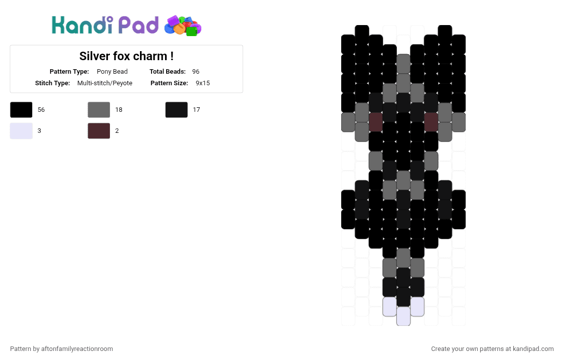 Silver fox charm ! - Pony Bead Pattern by aftonfamilyreactionroom on Kandi Pad - black, gray