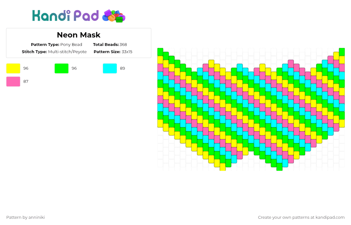 Neon Mask - Pony Bead Pattern by anniniki on Kandi Pad - yellow,green,light blue,pink