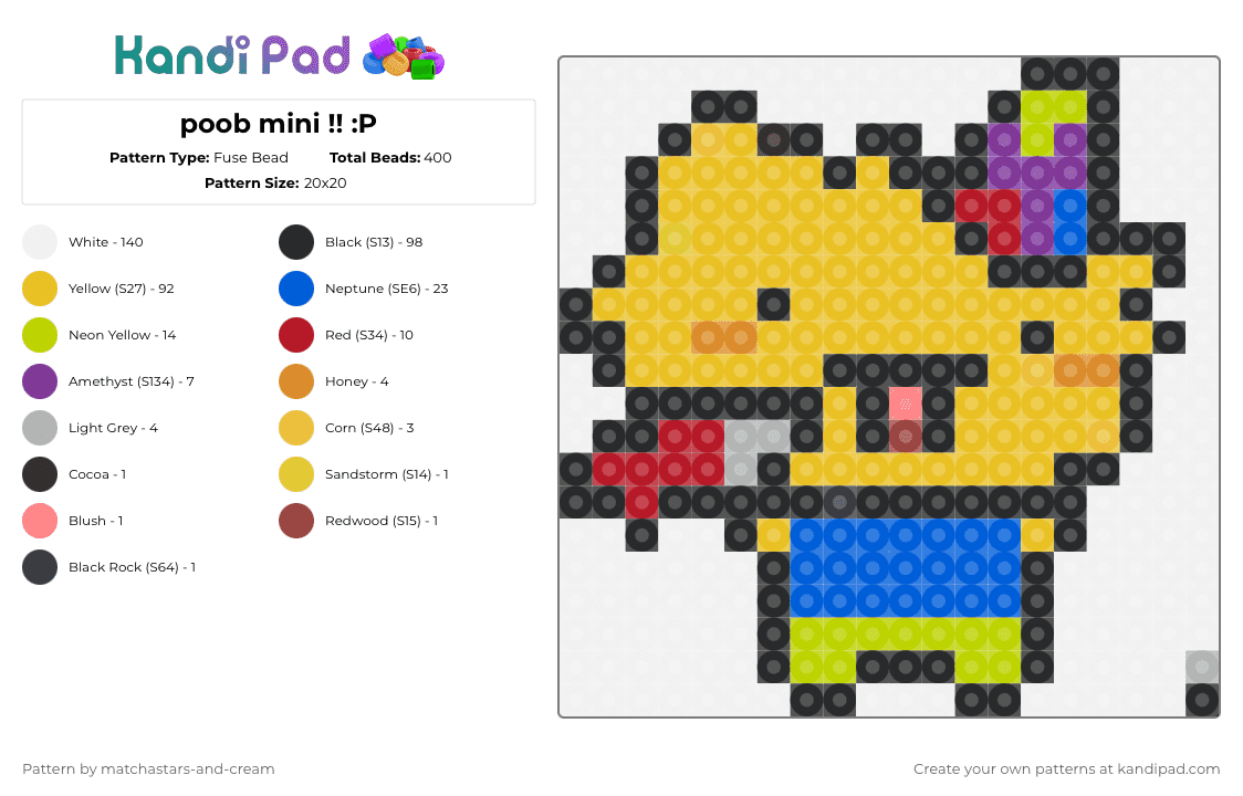 poob mini !! :P - Fuse Bead Pattern by matchastars-and-cream on Kandi Pad - white,yellow,blue