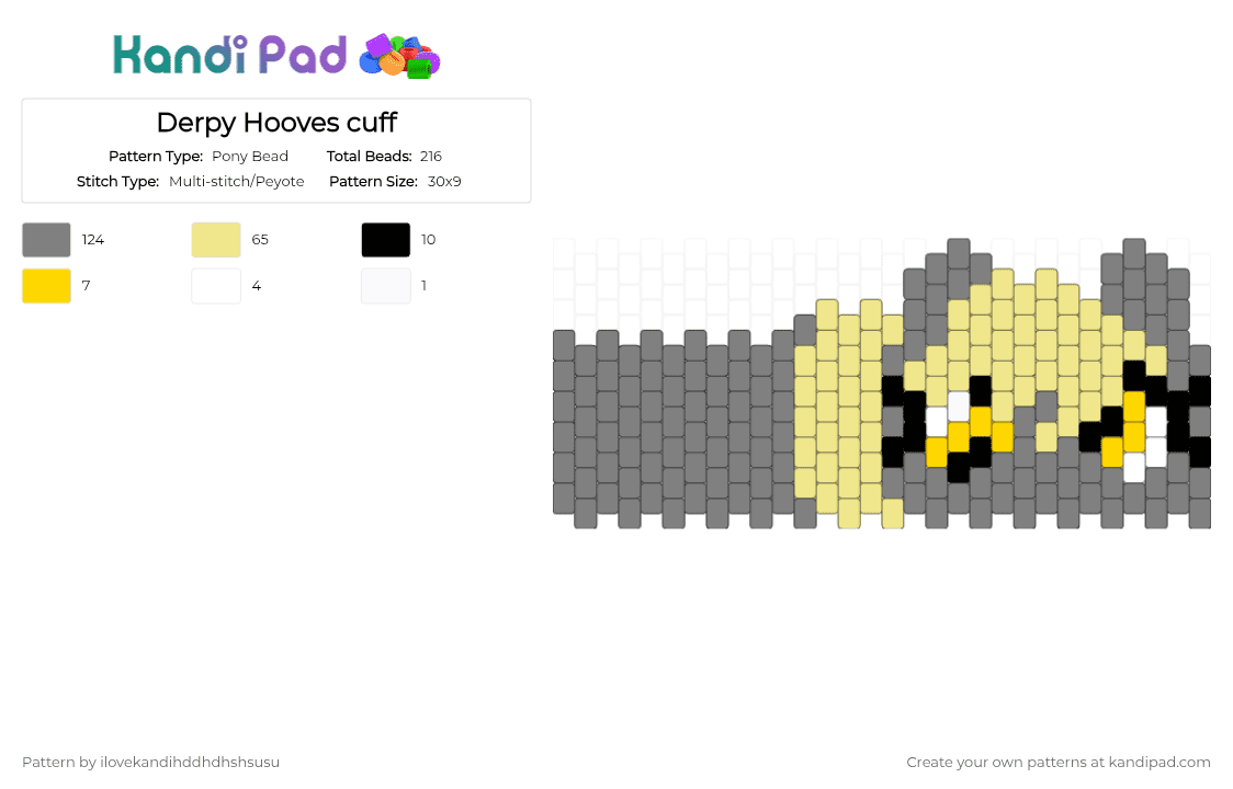 Derpy Hooves cuff - Pony Bead Pattern by ilovekandihddhdhshsusu on Kandi Pad - gray,yellow