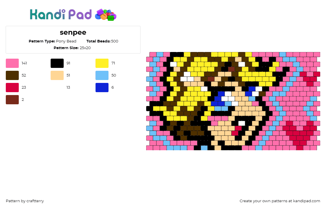 senpee - Pony Bead Pattern by craftterry on Kandi Pad - senpai,anime,chibi,hearts,panel,blonde,pink,tan,yellow