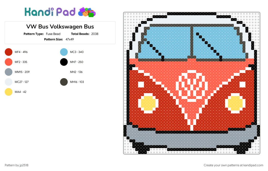 VW Bus Volkswagen Bus - Fuse Bead Pattern by jp2518 on Kandi Pad - awesome, bus, car, classic, cute, light blue, nostalgia, red, vehicle, volkswagen