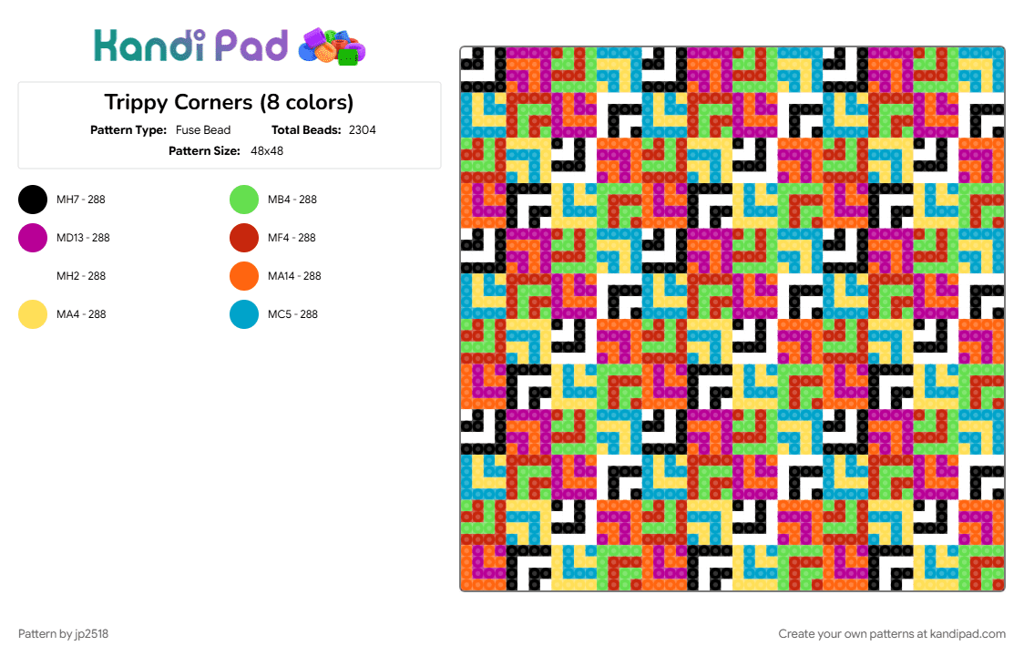 Trippy Corners (8 colors) - Fuse Bead Pattern by jp2518 on Kandi Pad - colorful, geometric, light blue, orange, panel, pink, repeating, trippy, wonky
