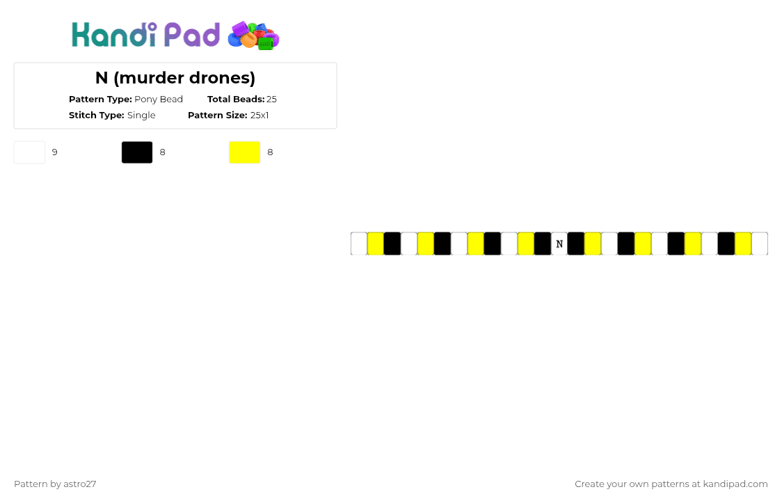 N (murder drones) - Pony Bead Pattern by astro27 on Kandi Pad - white,yellow