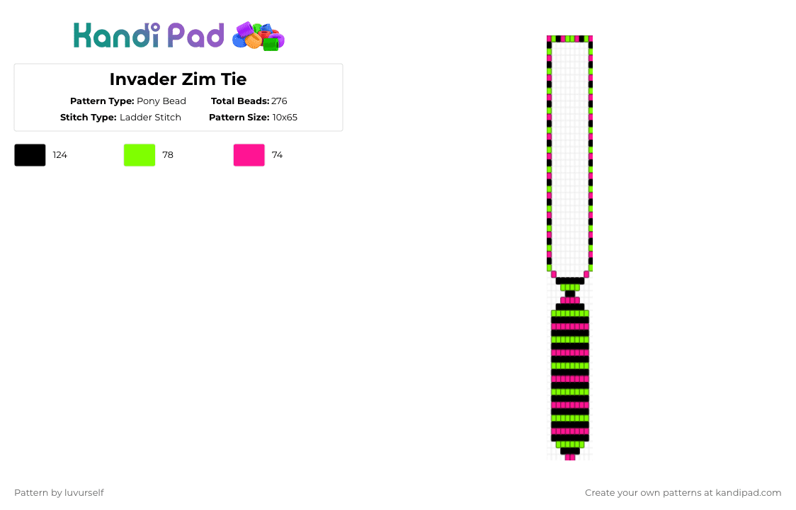 Invader Zim Tie - Pony Bead Pattern by luvurself on Kandi Pad - pink,green
