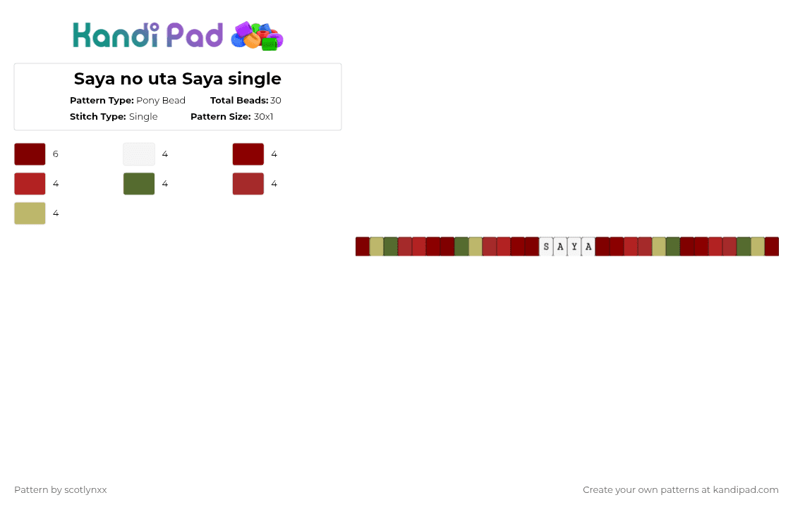 Saya Pattern Saya no uta Saya single Pony Bead Pattern - Kandi Pad | Kandi Patterns ...