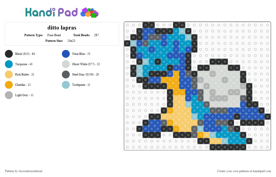 ditto lapras - Fuse Bead Pattern by lescreationsdetoad on Kandi Pad - blue, ditto, lapras, light blue, pokemon, pokopia