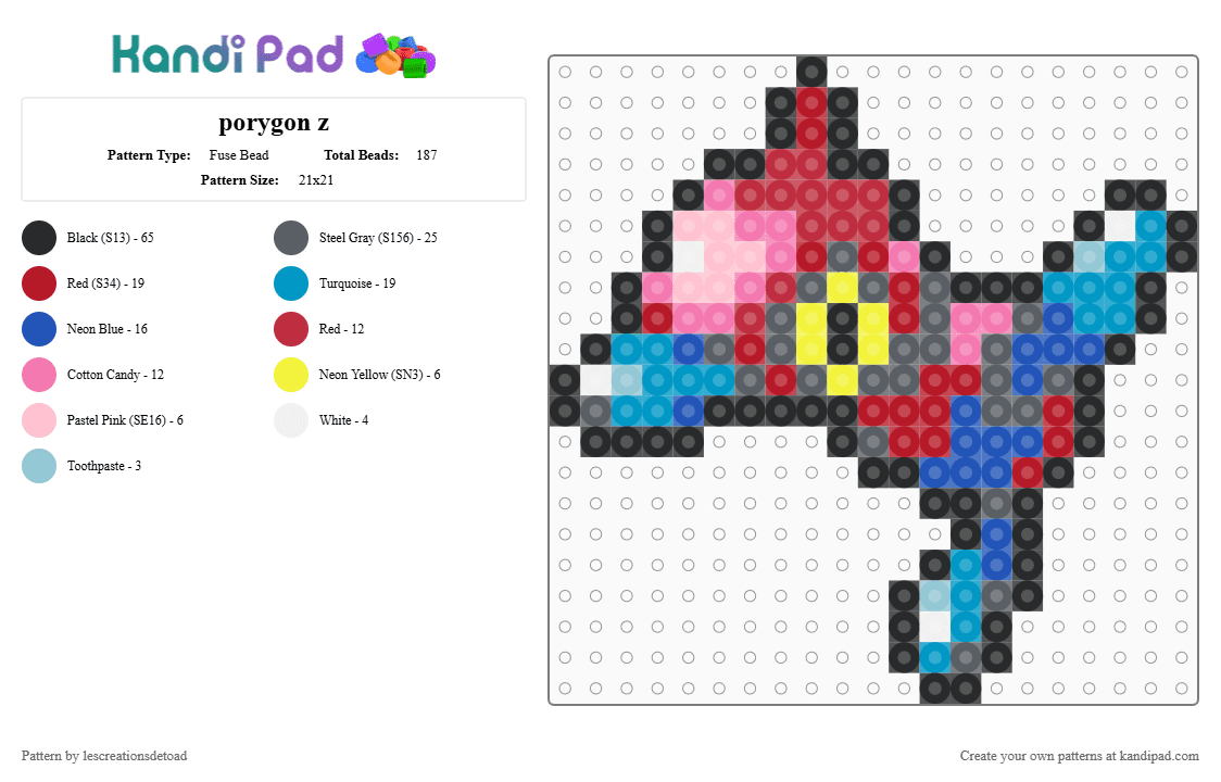 porygon z - Fuse Bead Pattern by lescreationsdetoad on Kandi Pad - red,light blue,gray,pink,pokemon,porygon z