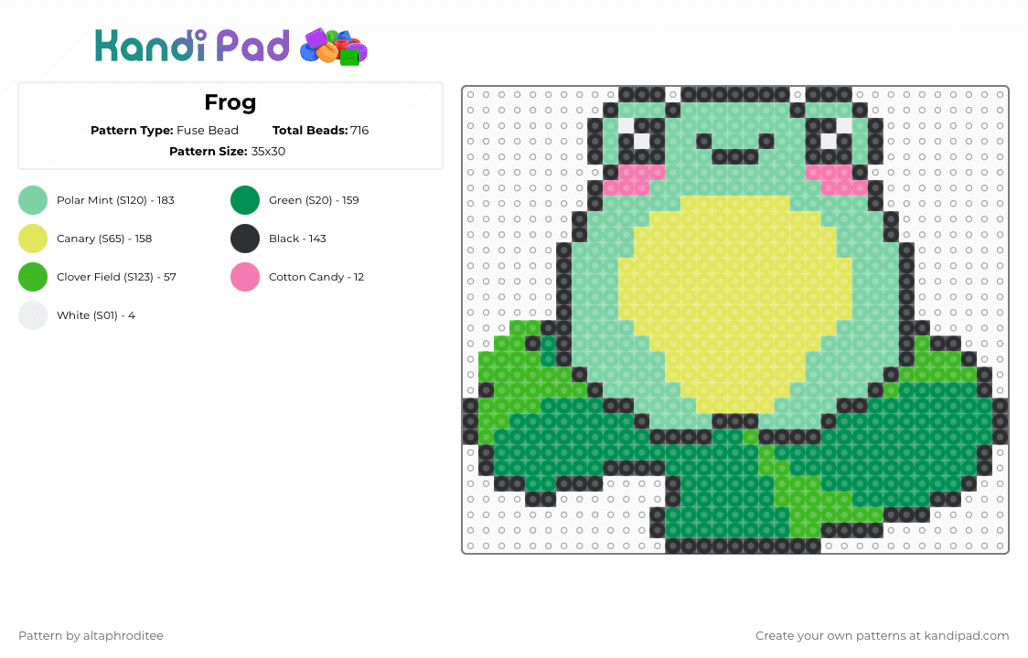 Frog - Fuse Bead Pattern by altaphroditee on Kandi Pad - teal,yellow,green