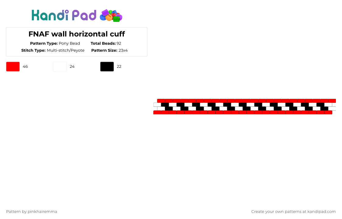 FNAF wall horizontal cuff - Pony Bead Pattern by pinkhairemma on Kandi Pad - red,white,fnaf,fnafwall,checkered,cuff,horizontal