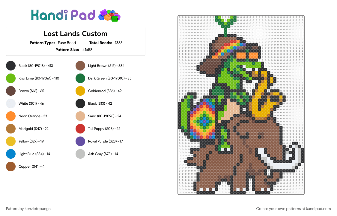 Lost Lands Custom - Fuse Bead Pattern by kenzietopanga on Kandi Pad - dinosaur, excision, green, lost lands, music, saxophone, tan, wooli