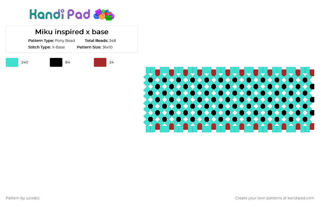 Miku inspired x bаse - Pony Bead Pattern by uzixdcc on Kandi Pad - black, light blue, miku, red, teal, vocaloid, xbase
