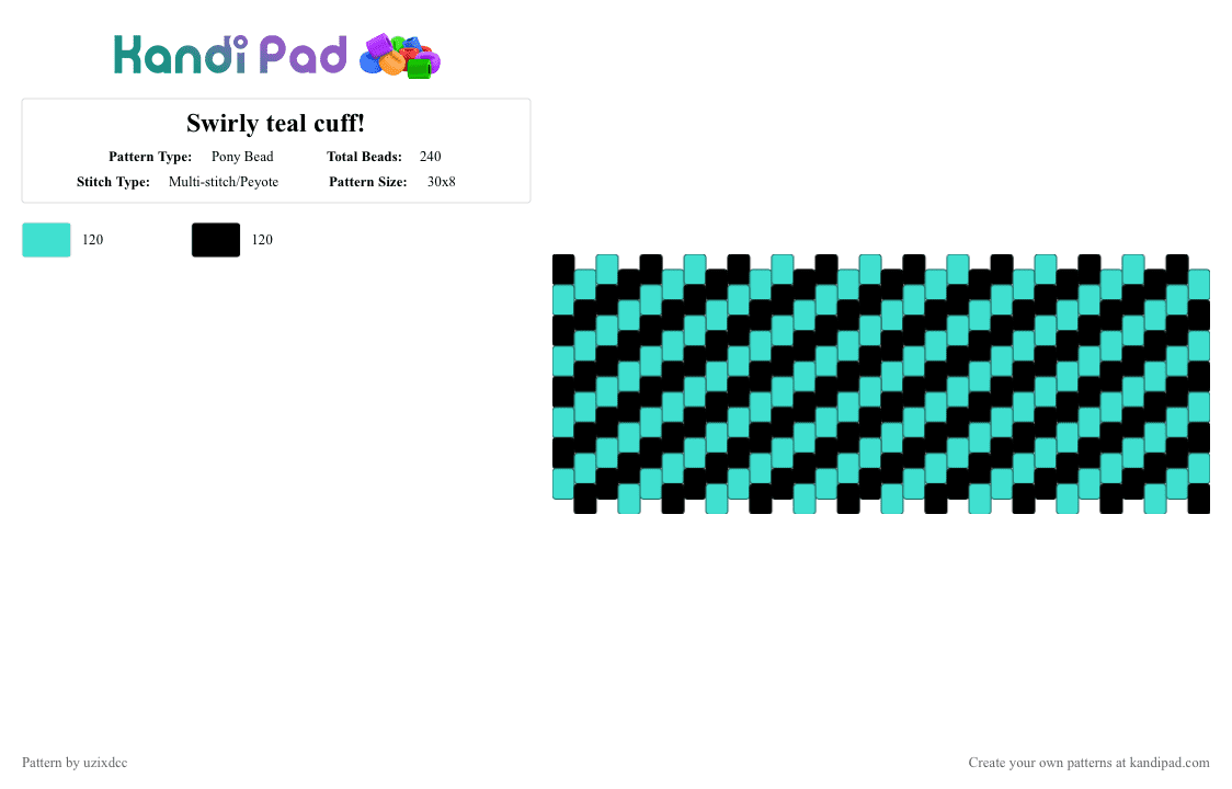 Swirly teal cuff! - Pony Bead Pattern by uzixdcc on Kandi Pad - black, light blue, multistich, teal