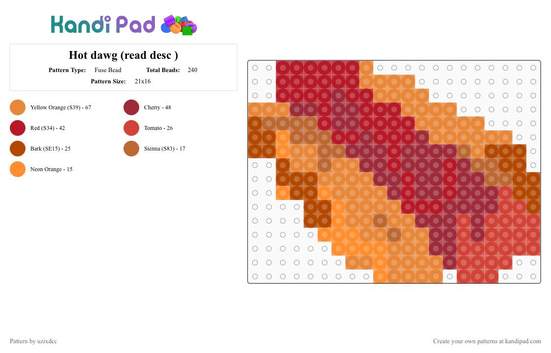 Hot dawg (read desc ) - Fuse Bead Pattern by uzixdcc on Kandi Pad - brown, bun, hot dog, orange, red, request