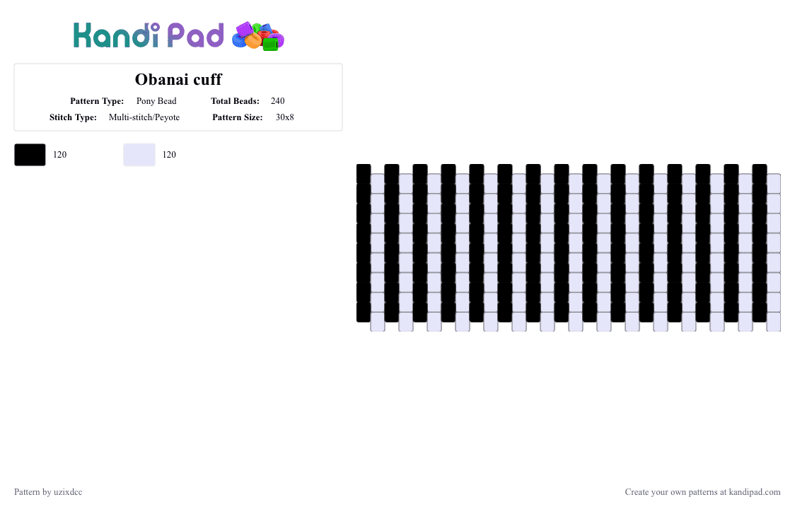 Obanai cuff - Pony Bead Pattern by uzixdcc on Kandi Pad - black, hashira, kny, multi stich, obanai, white