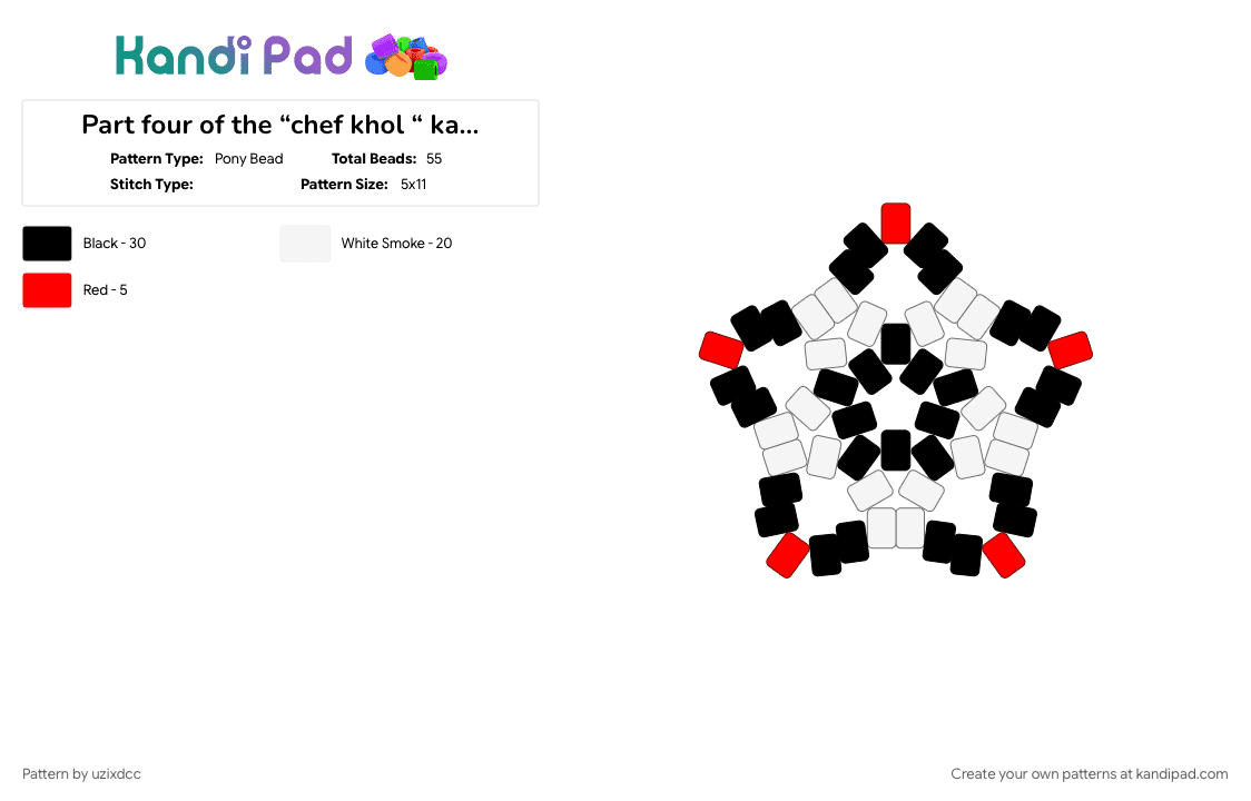 Part 3 of the “chef khol “ kandi gloves - Pony Bead Pattern by uzixdcc on Kandi Pad - black, khol, red, white, ymthah