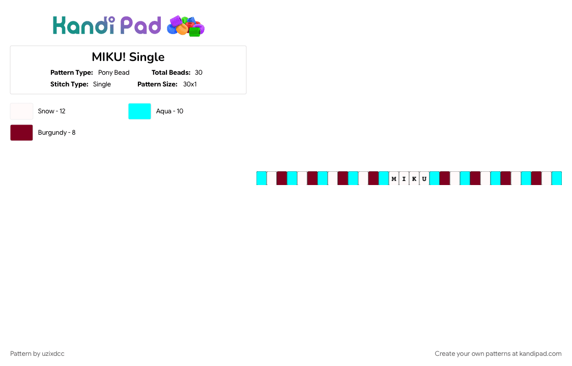 MIKU! Single - Pony Bead Pattern by uzixdcc on Kandi Pad - brown, hatsune miku, light blue, red, teal, vocaliod, white