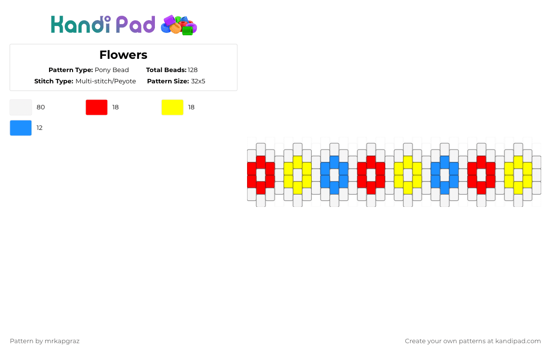 Flowers - Pony Bead Pattern by mrkapgraz on Kandi Pad - white,red,yellow,kidcore,unique,flower,cute,primary colors,flowers