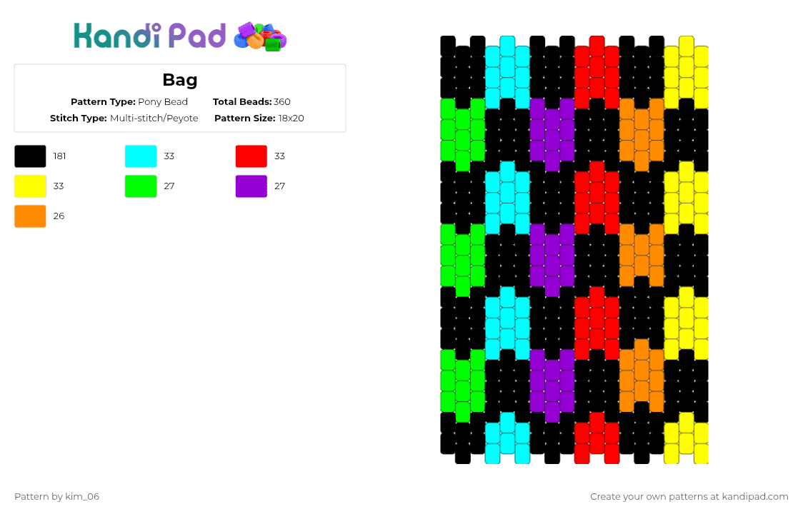 Bag - Pony Bead Pattern by kim_06 on Kandi Pad - black,light blue,red,yellow