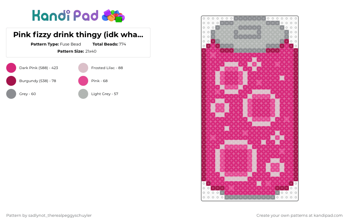 Pink fizzy drink thingy (idk what to call it) - Fuse Bead Pattern by sadlynot_therealpeggyschuyler on Kandi Pad - pink,cotdsoftdrinks,can,soda,bubble,bubbles,fizzy drink,soft drink