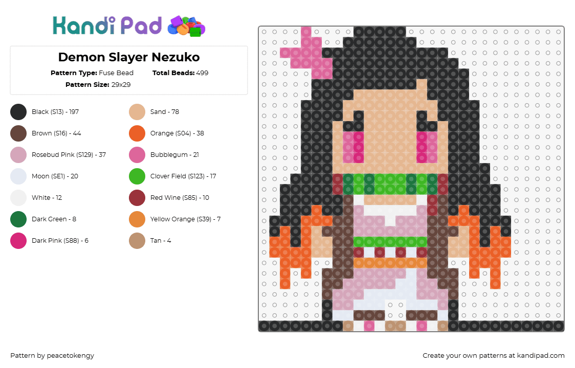 Demon Slayer Nezuko - Fuse Bead Pattern by peacetokengy on Kandi Pad - nezuko kamado,demon slayer,character,anime,tv show,pink,tan,green,black