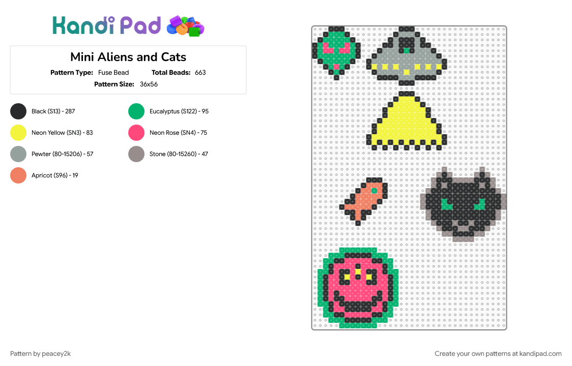 Mini Aliens and Cats - Fuse Bead Pattern by peacey2k on Kandi Pad - 