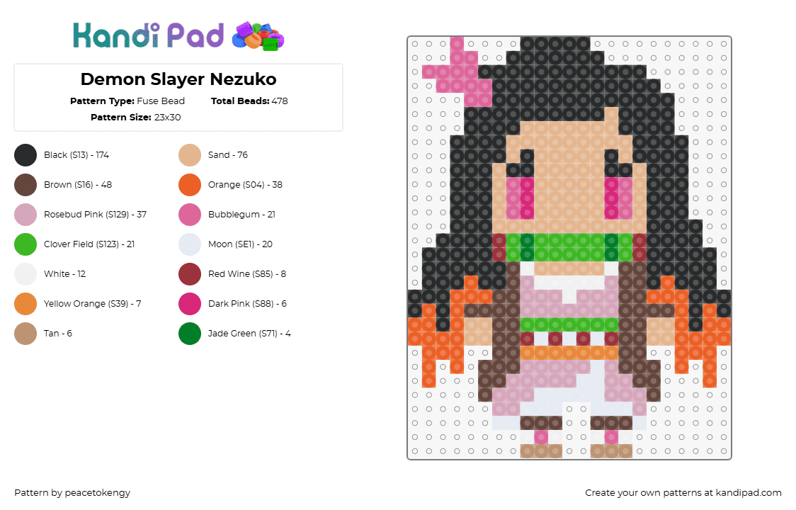 Demon Slayer Nezuko - Fuse Bead Pattern by peacetokengy on Kandi Pad - nezuko kamado,demon slayer,character,anime,tv show,pink,tan,green,black