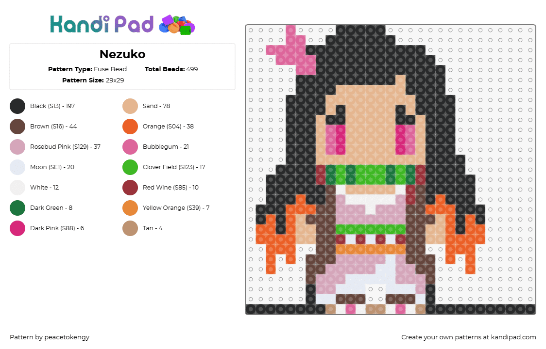 Nezuko - Fuse Bead Pattern by peacetokengy on Kandi Pad - nezuko kamado,demon slayer,character,anime,tv show,pink,tan,green,black