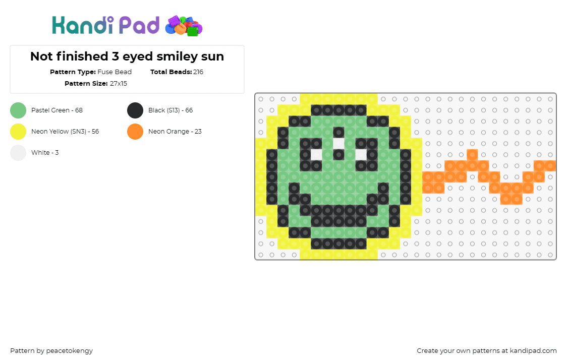 Not finished 3 eyed smiley sun - Fuse Bead Pattern by peacetokengy on Kandi Pad - smiley,sun,eyes,alien,trippy,quirky,extraterrestrial,psychedelic,cheerful,green