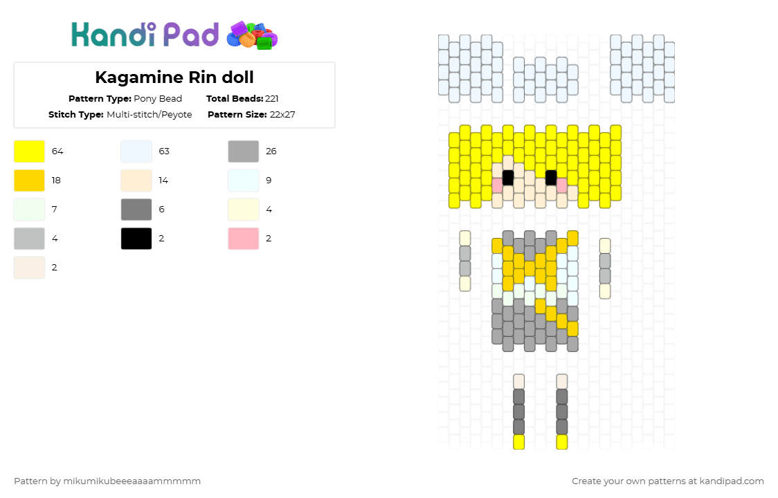 Kagamine Rin doll - Pony Bead Pattern by mikumikubeeeaaaammmmm on Kandi Pad - yellow,beige