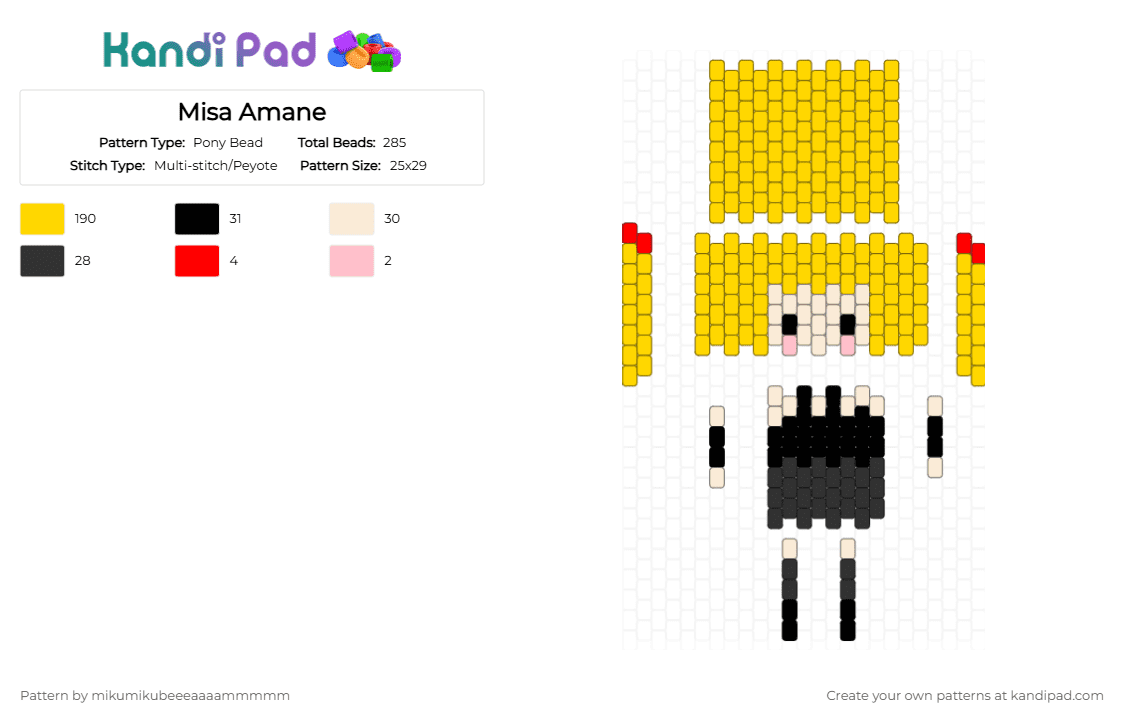 Misa Amane - Pony Bead Pattern by mikumikubeeeaaaammmmm on Kandi Pad - yellow