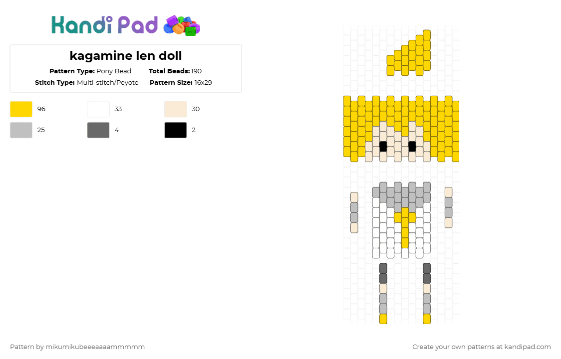 kagamine len doll - Pony Bead Pattern by mikumikubeeeaaaammmmm on Kandi Pad - yellow