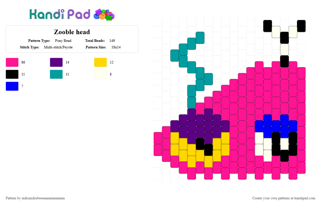 Zooble head - Pony Bead Pattern by mikumikubeeeaaaammmmm on Kandi Pad - pink