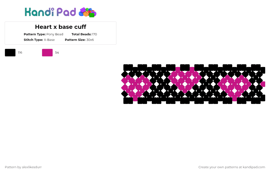 Heart x base cuff - Pony Bead Pattern by alexlikesdurr on Kandi Pad - black, pink