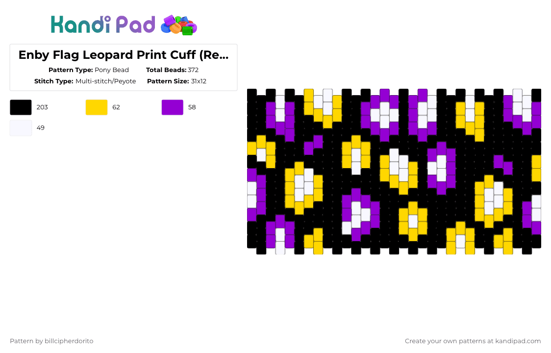 Enby Flag Leopard Print Cuff (Requested) - Pony Bead Pattern by billcipherdorito on Kandi Pad - black,yellow,purple