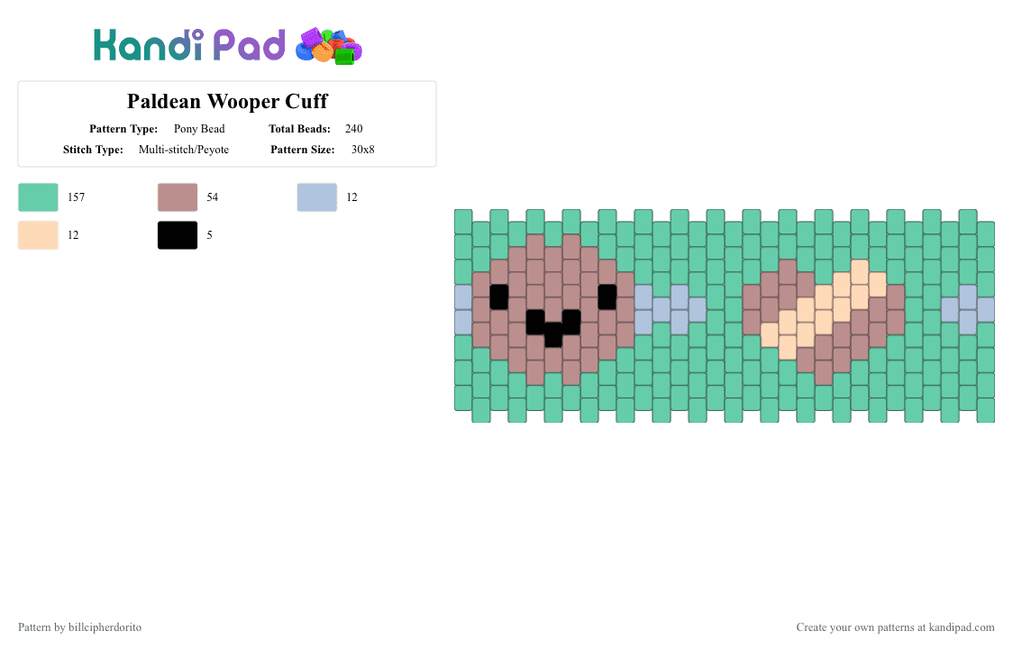 Paldean Wooper Cuff - Pony Bead Pattern by billcipherdorito on Kandi Pad - teal,wooper,pokemon,nintendo,paldea,gen 9,paldean wooper