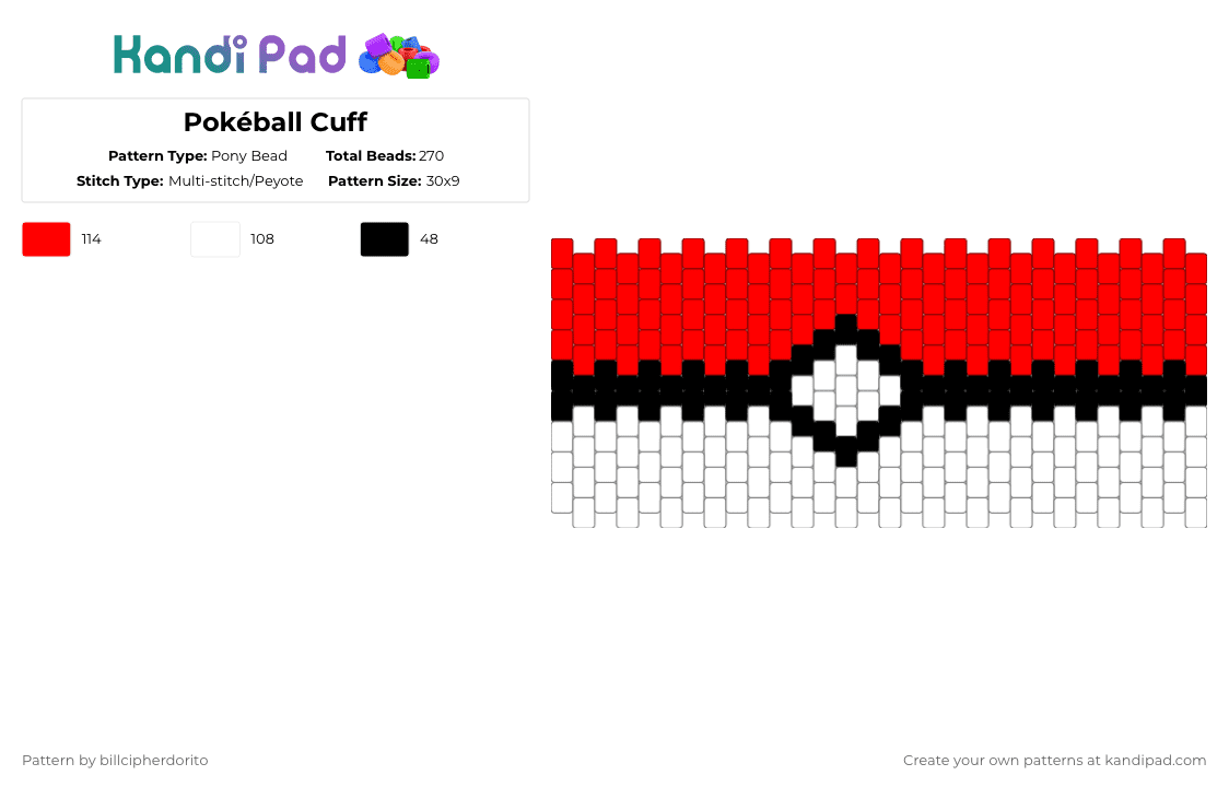 Pokéball Cuff - Pony Bead Pattern by billcipherdorito on Kandi Pad - red,white