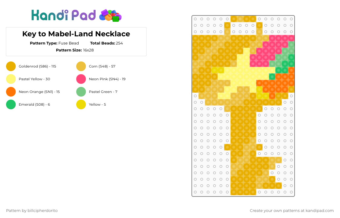 Key to Mabel-Land Necklace - Fuse Bead Pattern by billcipherdorito on Kandi Pad - orange,yellow
