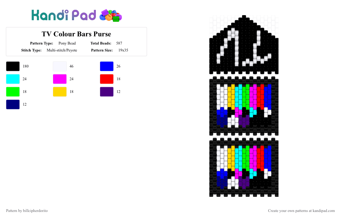 TV Colour Bars Purse - Pony Bead Pattern by billcipherdorito on Kandi Pad - black,light blue,pink,purple,tv,purse,y2k,cool