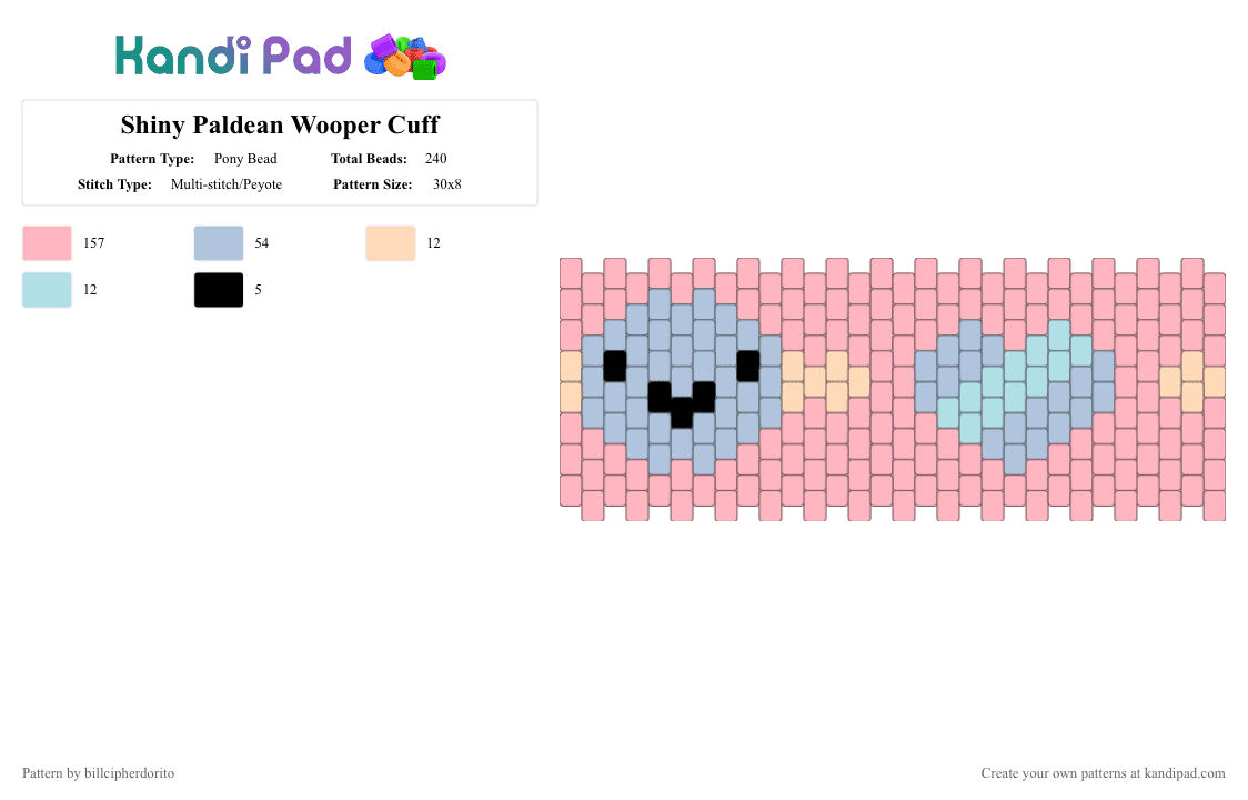Shiny Paldean Wooper Cuff - Pony Bead Pattern by billcipherdorito on Kandi Pad - pink,pokemon,nintendo,wooper,shiny wooper,paldean wooper,shiny paldean wooper,gen 9,paldea
