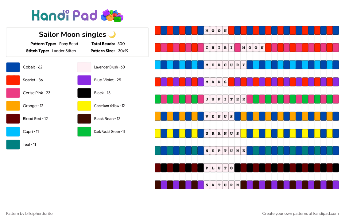 Sailor Moon singles 🌙 - Pony Bead Pattern by billcipherdorito on Kandi Pad - anime, blue, brown, colorful, pink, sailor moon, singles